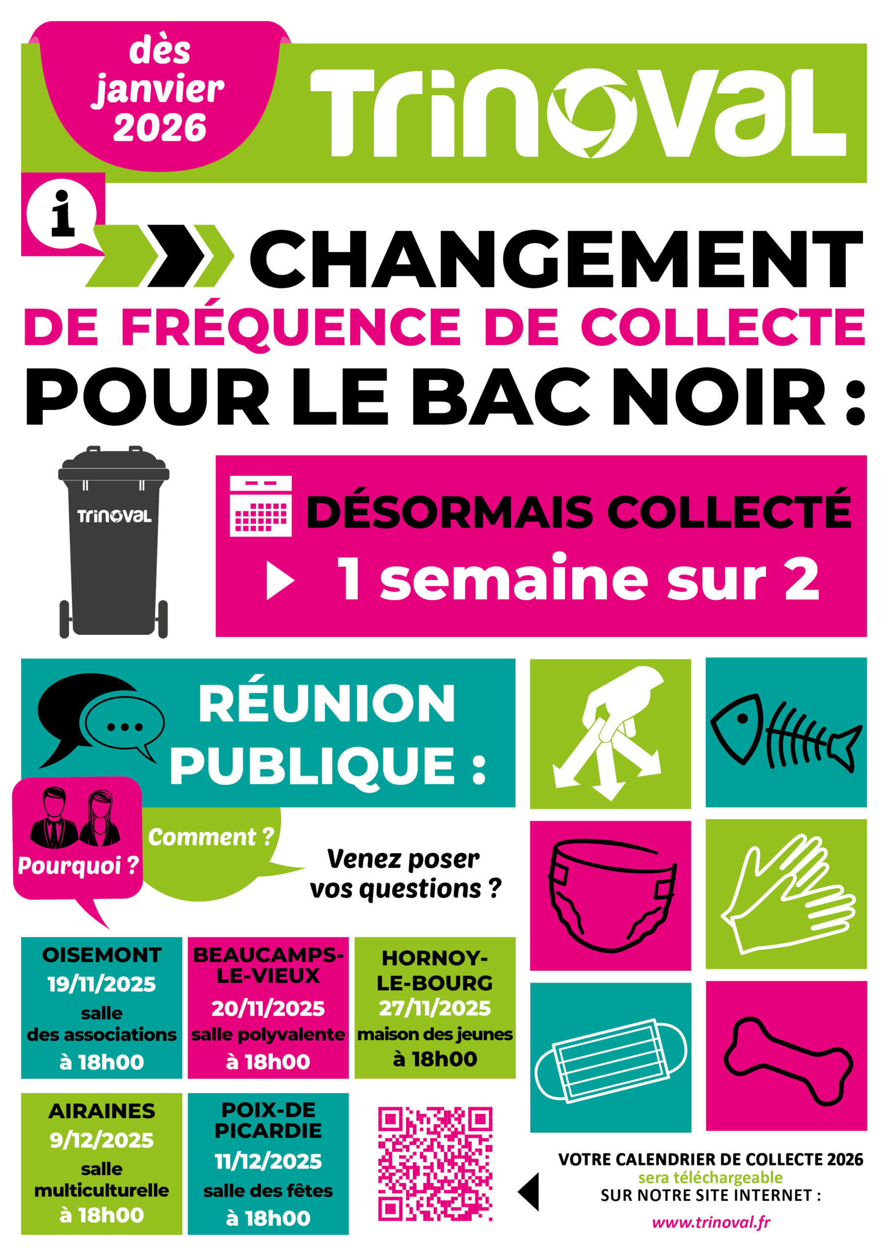 Lire la suite à propos de l’article TRINOVAL DES JANVIER 2026 – Changement de fréquence de collecte pour le BAC NOIR : désormais collecté 1 semaine sur 2 !!