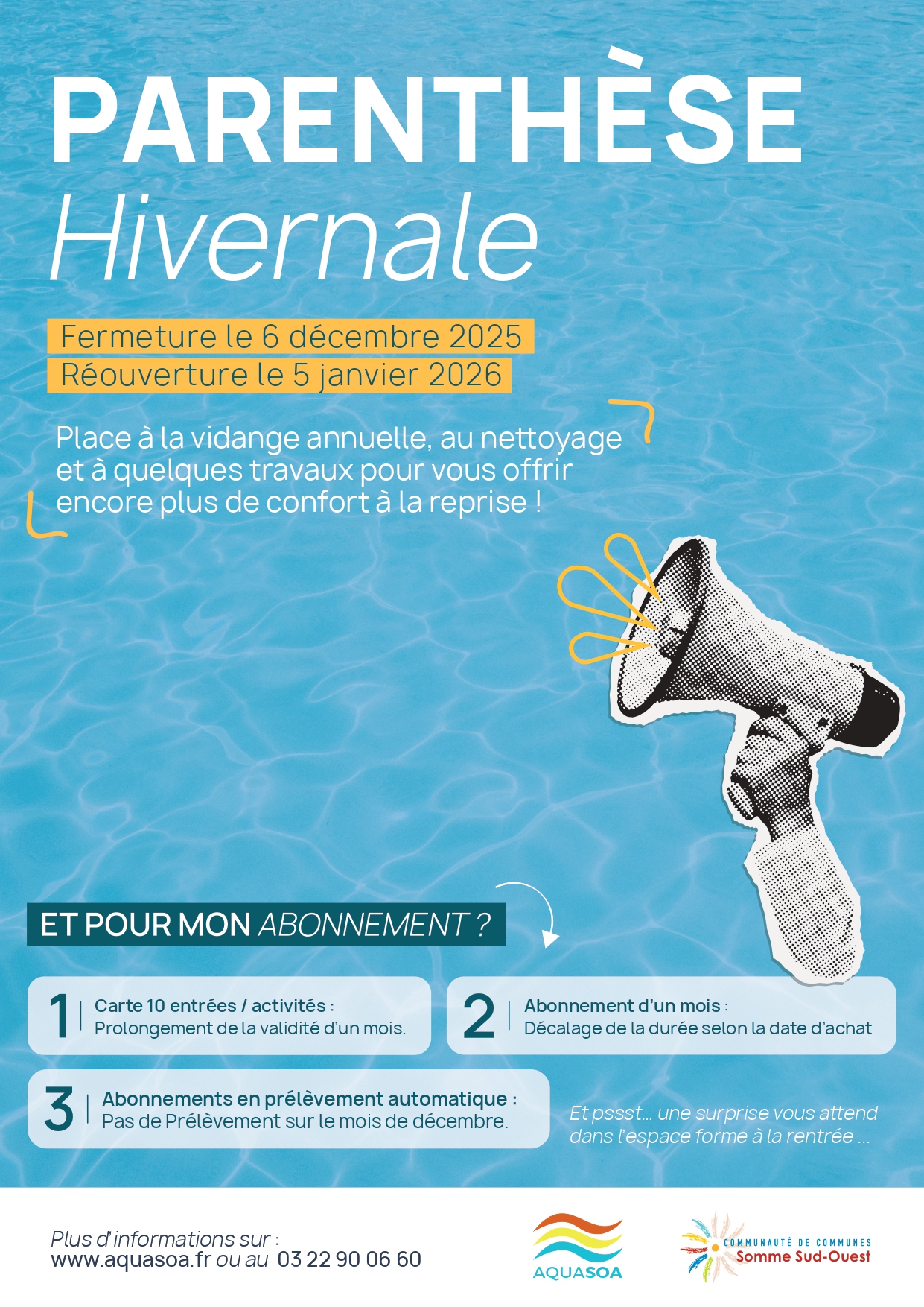 Lire la suite à propos de l’article AQUASOA – Fermeture le 6 décembre 2025 – Réouverture le 5 janvier 2026