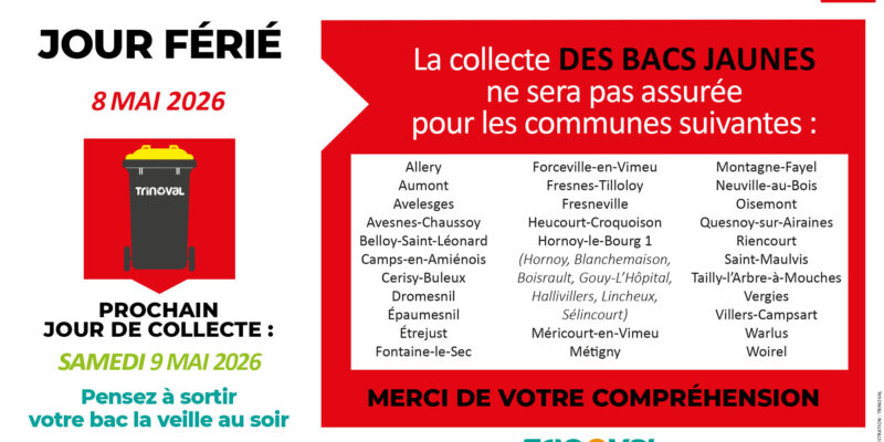 Jour férié 8 mai 2026 – LA COLLECTE DES BACS NOIRS NE SERA PAS ASSUREE – PROCHAINE COLLECTE SAMEDI 9 MAI 2026