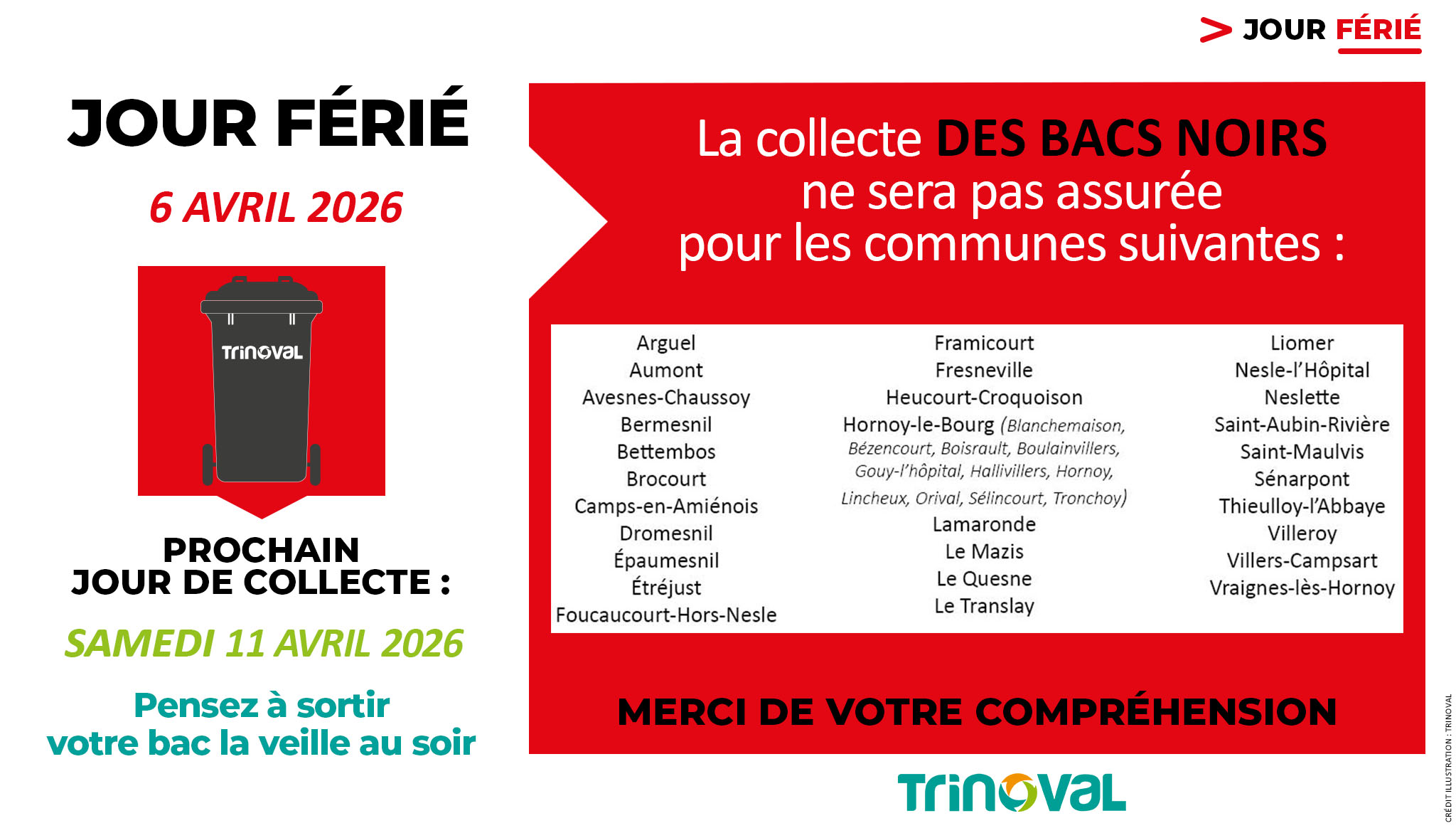 You are currently viewing Jour férié 6 AVRIL 2026 – LA COLLECTE DES BACS NOIRS NE SERA PAS ASSUREE – PROCHAINE COLLECTE SAMEDI 11 AVRIL 2026