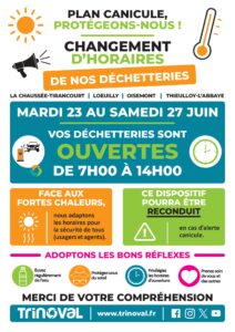 Lire la suite à propos de l’article Mardi 23 au samedi 27 juin – vos déchetteries sont ouvertes de 7h00 à 14h00