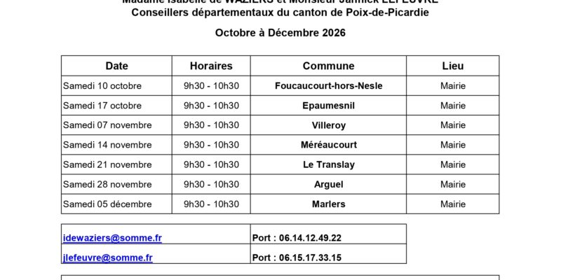 Calendrier des permanences de Mme Isabelle de WAZIERS et Mr Jannick LEFEUVRE, conseillers départementaux du canton de Poix-de-Picardie – Octobre à Décembre 2026